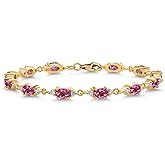 Gem Stone King 18K Yellow Gold Plated Silver Pink Mystic Topaz and White Moissanite Tennis Bracelet For Women (6.91 Cttw, Gemstone Birthstone, Oval 6X4MM, 6.5, 7, 7.5 Inch)