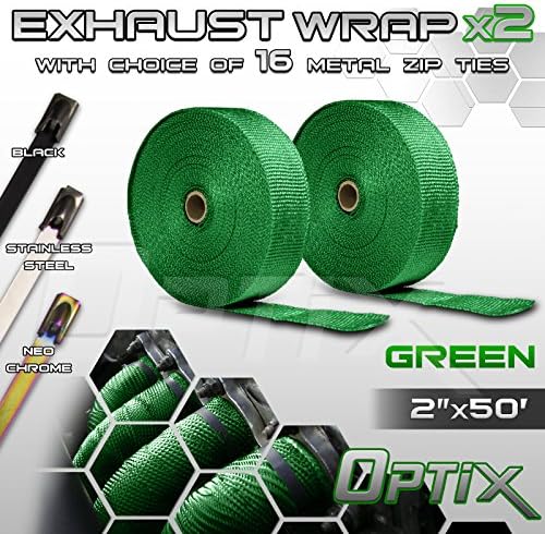 Optix 2" (W) x 50' (L) Thermal Header Exhaust Wrap Kit - Heat Shield Tape with Stainless Steel Zip Ties - 2 Rolls - Green