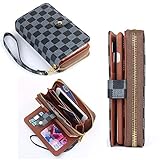 All in One iPhone 6s Plus Case, iPhone 6+ Wallet, Black Checker Pattern, With Multiple Pockets, Card Holder, Hand Strap, Mini Bag, Classic Design, Classy Series, Deluxe Business Style, For Men Guys