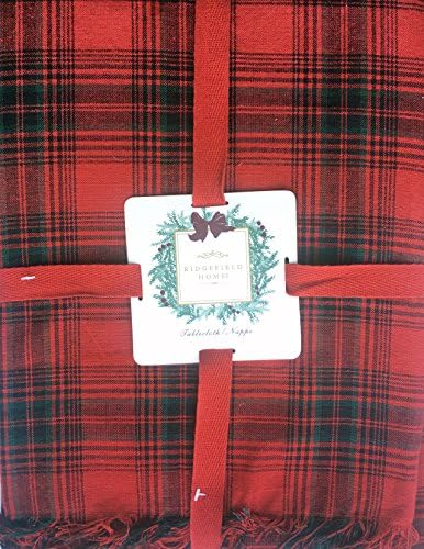 Ridgefield Home Fabric Cotton Christmas Holiday Scottish Plaid Tartan Pattern Tablecloth Red Black Green Fringed Edges 60 Inches by 102 Inches