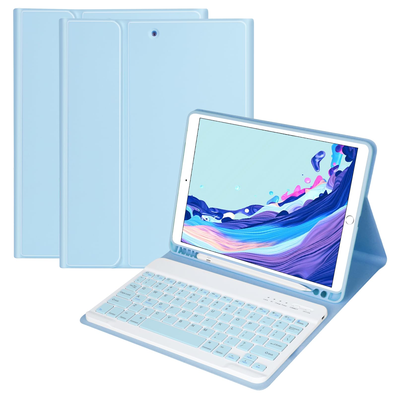 Keyboard Case for iPad 10.2 Inch 9th Generation 2021/8th Gen 2020/7th Gen 2019/Air 3 2019/Pro 10.5 inch, Built-in Pen Holder and Detachable Bluetooth Keyboard(Light Blue)