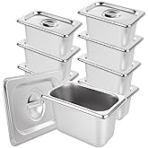 ABuff 8 Set Stainless Steel Hotel Pans With Lids 1/9 Size x 4 Inch Deep Steam Table Pan Stackable Commercial Anti Jam Metal Steam Tray Catering Food Storage Steel Pan for Home, Restaurant, Buffet