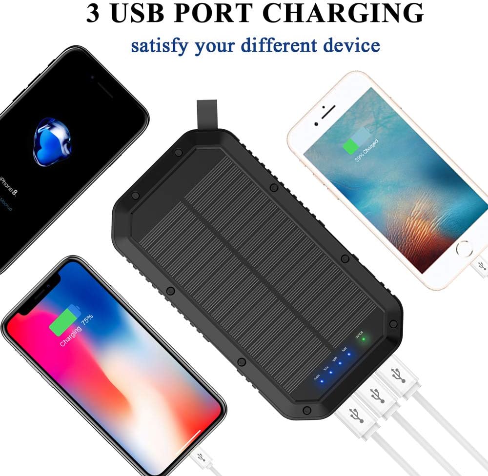 Solar Charger, 25000mAh Battery Solar Power Bank Portable Panel Charger with 36 LEDs and 3 USB Output Ports External Backup Battery for Camping Outdoor for iOS Android: Garden & Outdoor
