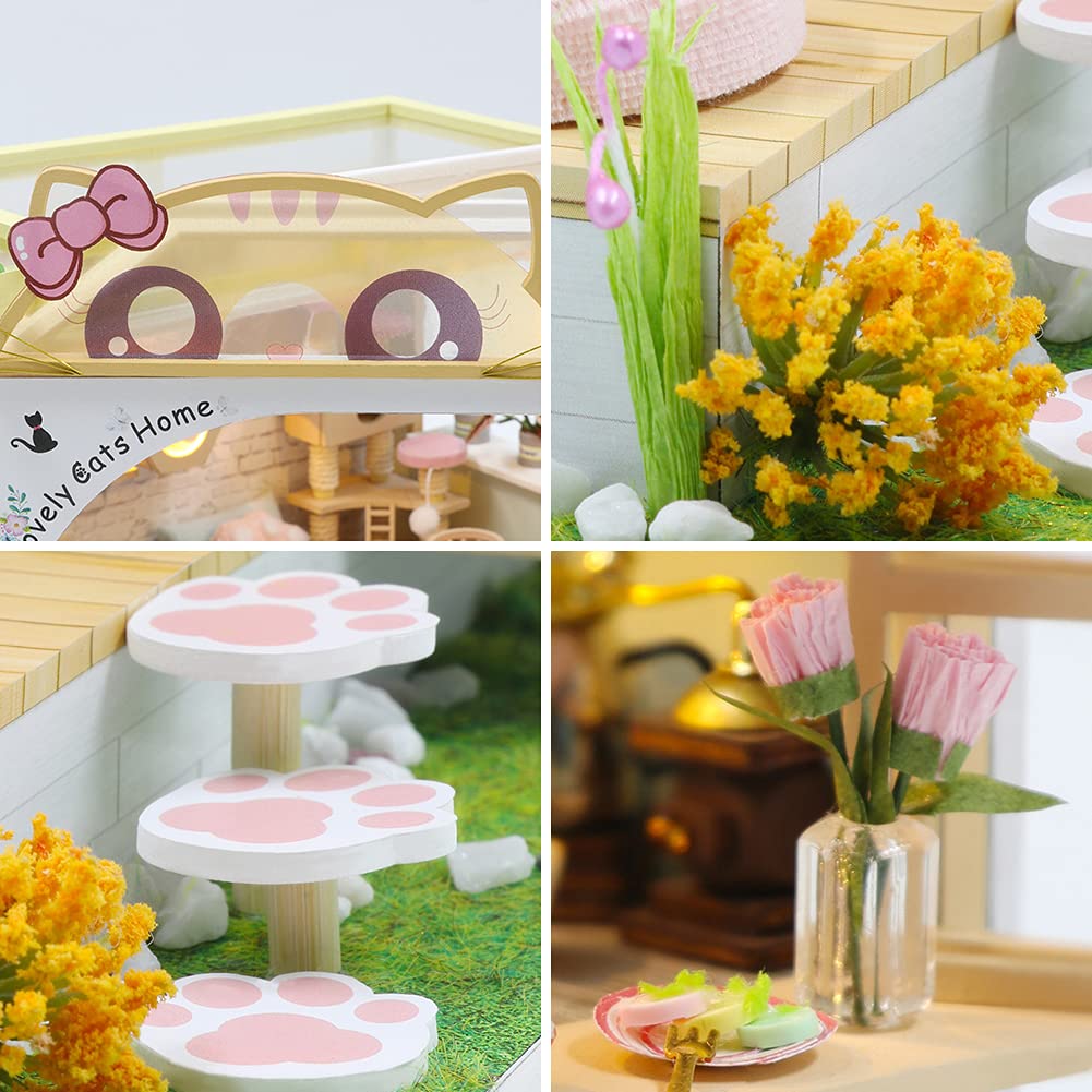 WonDerfulC Cat Cafe Wooden Miniature Dollhouse Kit DIY Pet Cat Coffee Shop Building Model Accessories with Furniture LED Light Music Box Birthday (no Dust Cover)