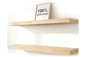 2-Pack Pine Wood Floating Shelves | No Drill Wall Mounted Solid Wood Shelves Set | Rustic Wall Shelf for Storage & Decor | Pe