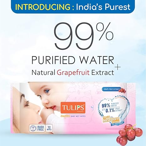 Tulips Sensitive Baby Wet Wipes (72 Wipes x 5 Pack), for Gentle Cleaning/Moisturising, Rash Free, 99% Purified Water with Grapefruit Extracts