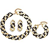 WCRAZYE Boho Chunky Necklace Earrings Set for Women Colourful Acrylic Chunky Statement Cuban Link Chain Collar Necklace Retro Neon 80s Jewelry