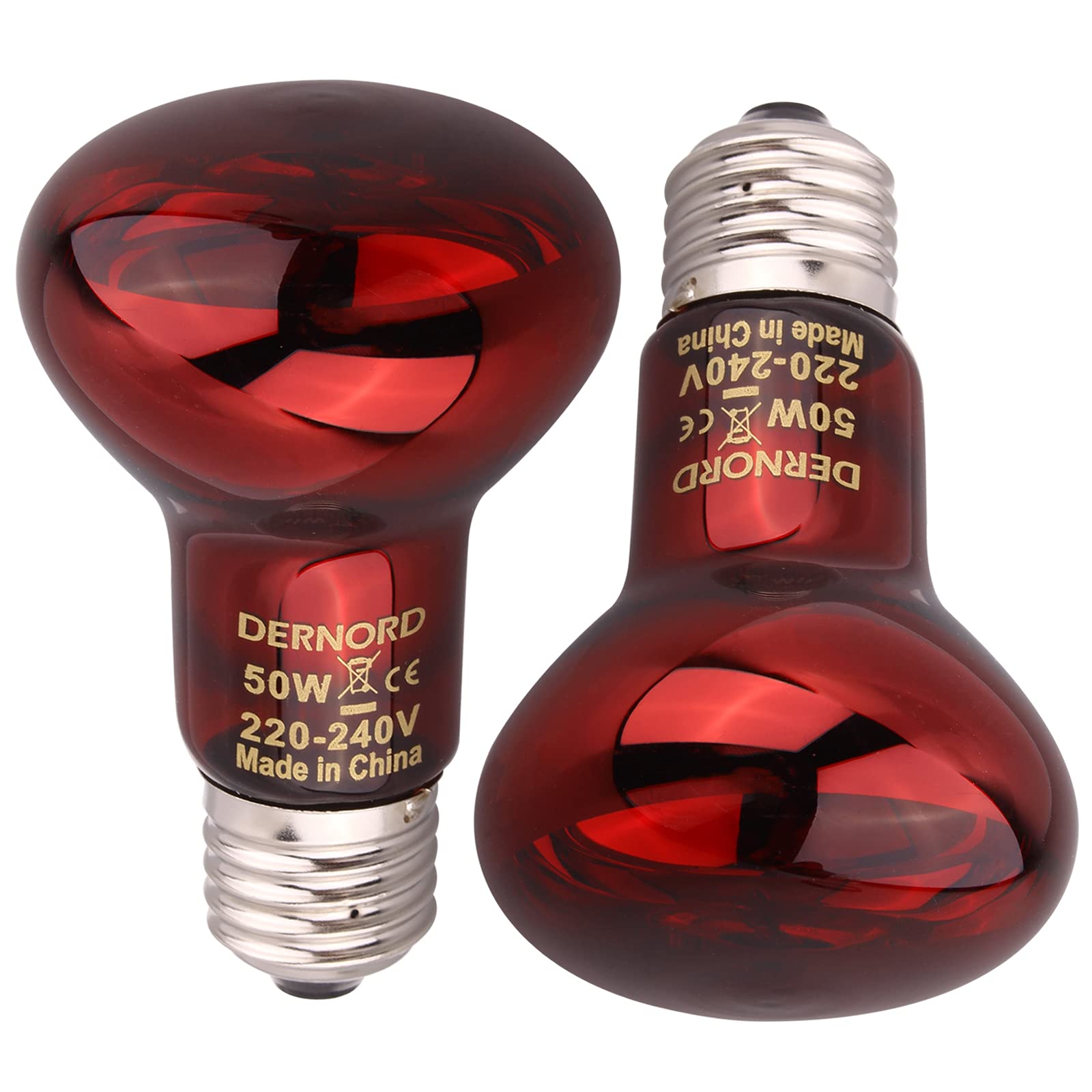 DERNORD Infrared Red Light - 50W Reptile Heat Lamp Bulbs for Tortoise, Chameleon, Bearded Dragon, Turtle Vivarium 2 Pack