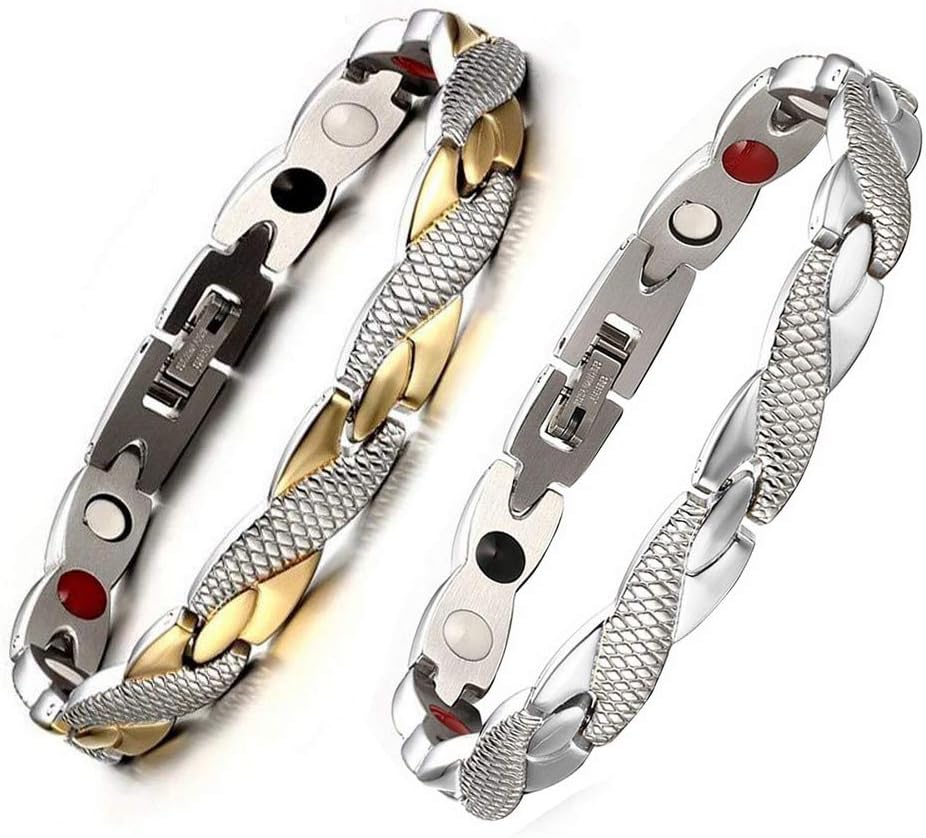 HiTreasure 2 PCS Gold Silver Titanium Steel 4 Elements Negative Ions Germanium Magnetic Therapy Health Couple Bracelets Men Women