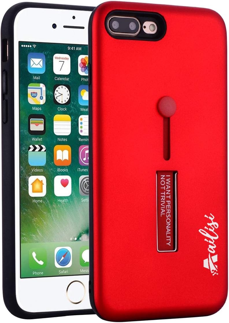 iPhone 7 Plus/8 Plus Case, Ailisi Slim Shockproof Protective Phone Case, Dual Layer Protection Cover with Multifunctional Silicone Elastic Finger Ring Strap and Metal Holder Kickstand(Red)