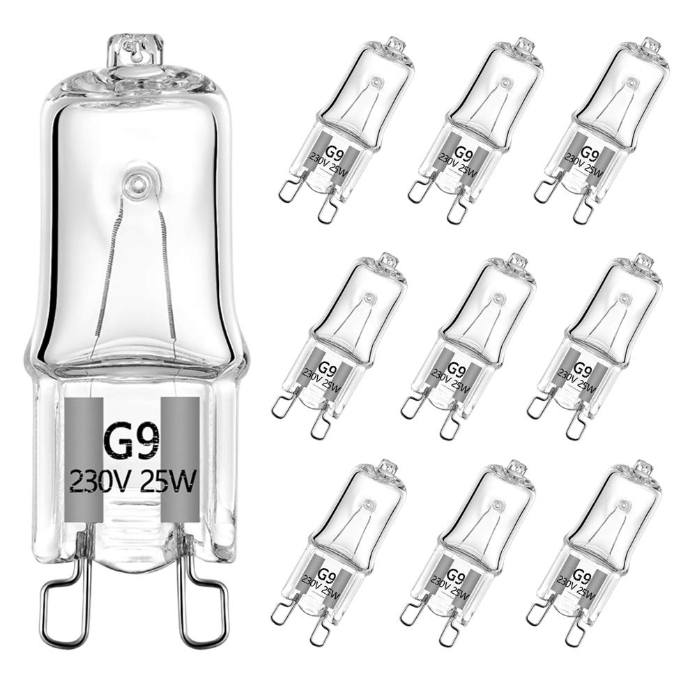 VINBE 25W G9 Halogen Light Bulb Two Prong Looped Pins for Cabinet Lights, Landscape Lights, Desk and Floor Lamps, Wall Sconces, Dimmable, 230V, Warm White(2700k, 10pcs)