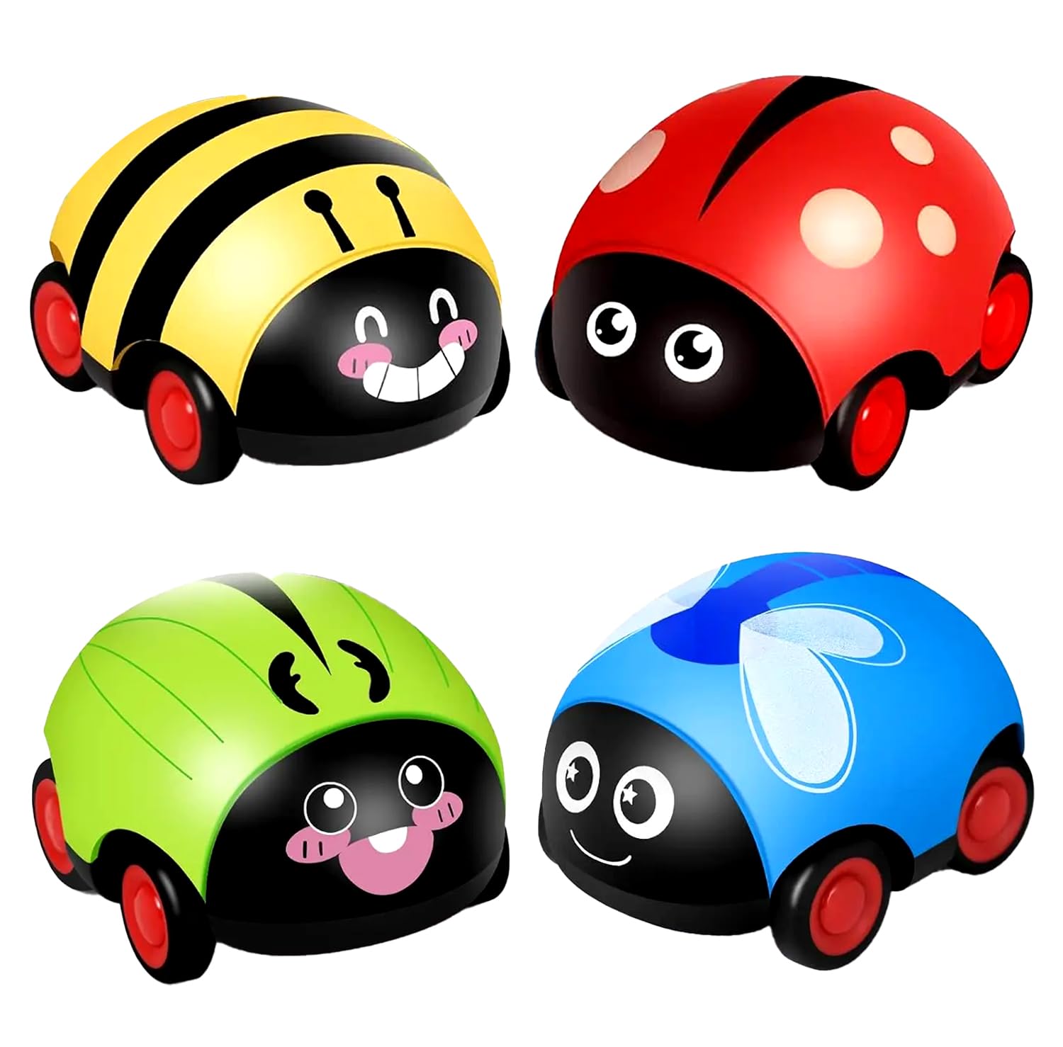 4pk Pull Back Buggies - Ladybird, Dragonfly, Bumble Bee and Grasshopper Toy Bug Cars, Push and Go Educational Toys, Backwards and Forwards Drive, Party Bag Fillers for Girls, Boys and Toddlers
