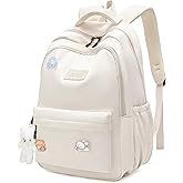 HuiLeo School Backpack for Teen Girls Cute Bookbag for High Middle School College Aesthetic Laptop Back Pack,Beige