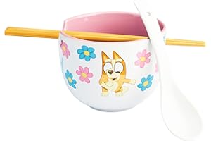 Get Trend Bluey Ceramic Ramen Bowl 3 Pc Set with Bamboo Chopsticks, Spoon for Kids Teens Adults, 20oz Noodle Bowl, Microwave 