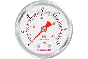GOATACURA 0-60psi/kpa Glycerin Filled Pressure Gauge, 2" Dial Size, 304 Stainless Steel Case, 1/4" NPT Center Back Mount, with High Accuracy, for Measuring Water Air Hydraulic Pressure