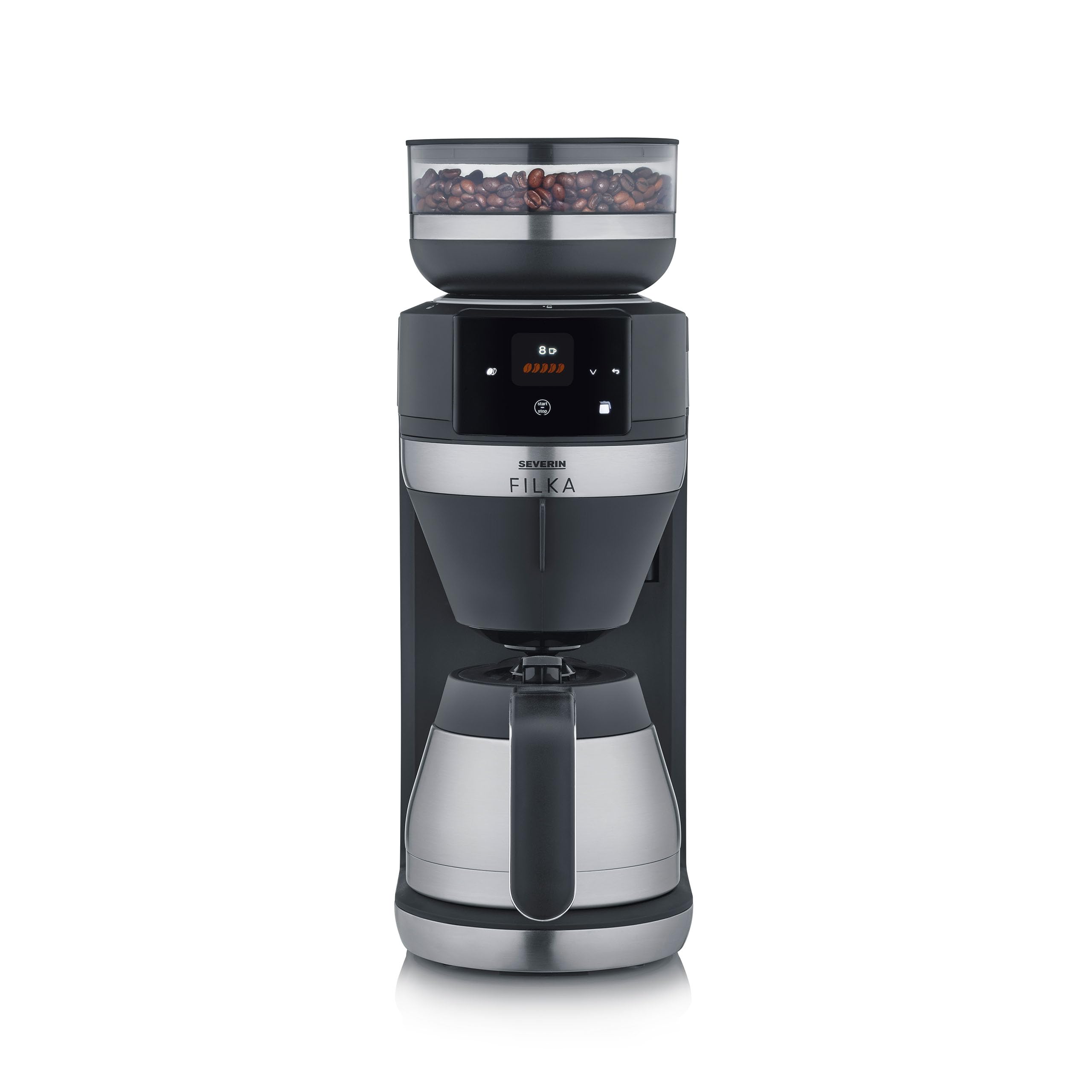 SEVERIN FILKA, Vollautomat für Filterkaffee, 5-in-1 Filterkaffeemaschine mit LED-Display, Mahlwerk, mit Thermokanne, schwarz-matt/Edelstahl, KA 9695