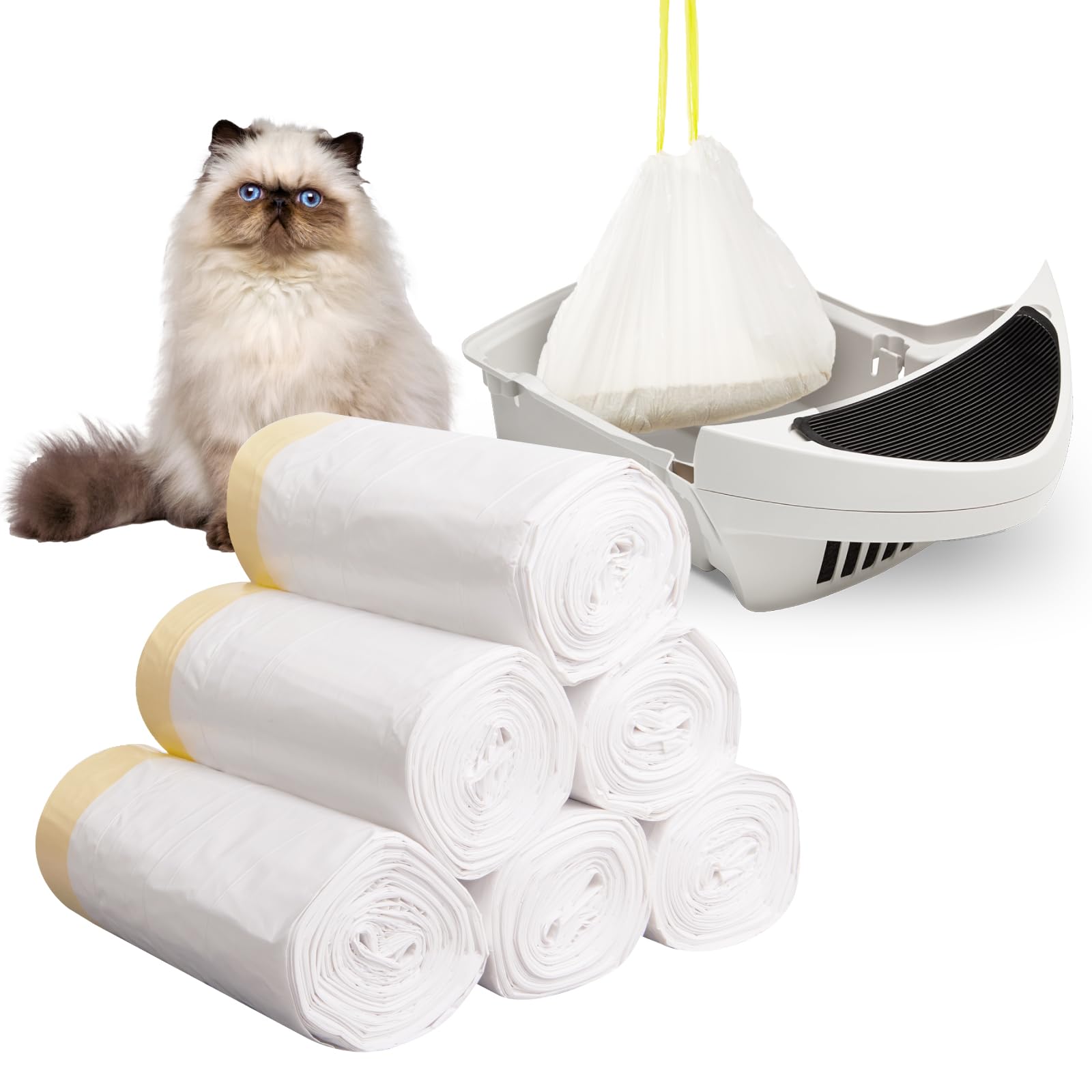 Papettly Cat Litter Tray Liners - 58x35 cm Leak-Proof Cat Litter Bags with Drawstring for Automatic Litter Box, Tear-Resistant Cat Litter Liners with 10 KG/22 LBS Load Capacity - 120 Pcs