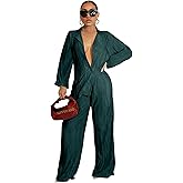 KEYUFANG 2 Piece Outfits for Women 90s Casual Boho Trendy Muse Shirt Wide Leg Pants Solid Daily Pleated Suit