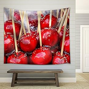 Sweet Glazed Red Toffee Candy Apples on Sticks for Sale on Farmer Market or Country Fair. - Fabric Wall Tapestry Home Decor - 51x60 inches