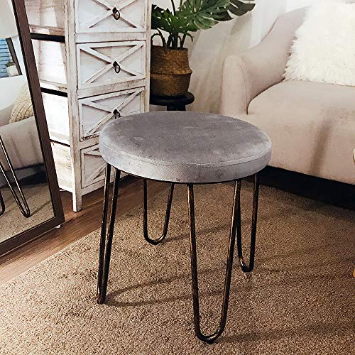 CANDIKO Gray & Bronze Round Makeup Vanity Chair Velvet Upholstered Metal Stool Bedroom Iron Room Bench Bathroom Ottoman