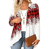 Beopjesk Long Sleeve Christmas Cardigan for Women Casual Snowflake Christmas Tree Regular Fit Kimono Cover Up Blouse Tops