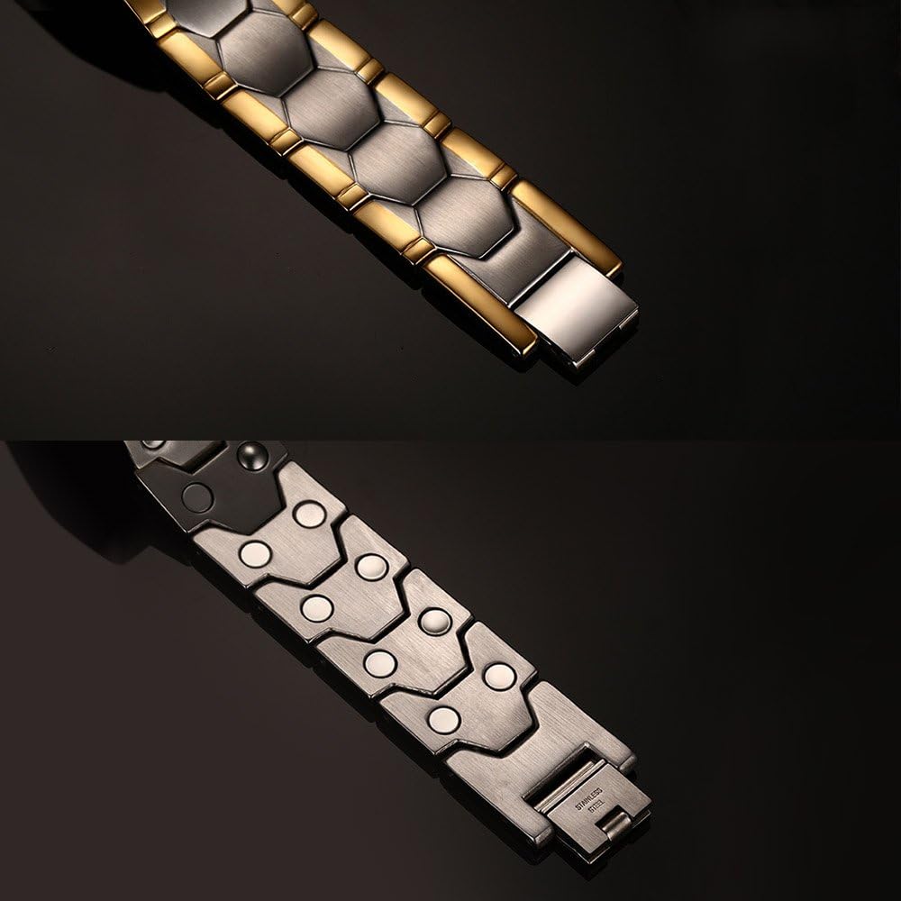 JFUME Magnetic Bracelets for Men 18K Gold Plated with Silver Double Row Magnets with Link Remove Tool 8.5" Adjustable - Image 4