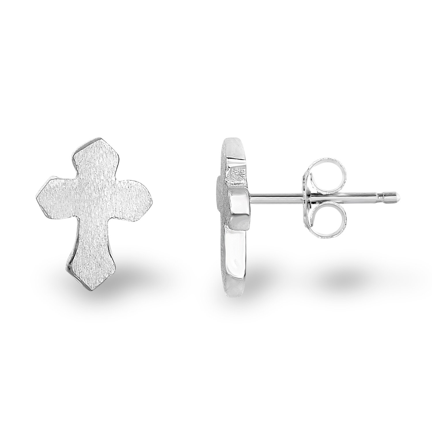 Rhodium Plated Sterling Silver Matte Finish Gothic Cross Stud Earrings