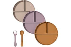 yahaa 3 Pack Silicone Suction Plates for baby with Stay Put Divided,Toddler Plates for Promotes self feeding,BPA Free,Lilac/Ginger/Khaki