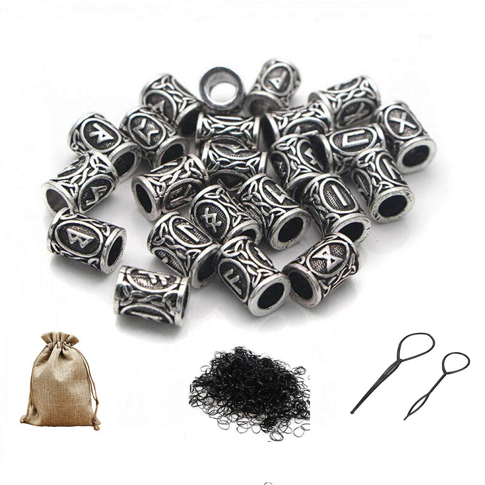 Queta Kit of Rune Viking Beads for Beard and Rubber Bands (CLR: Silver)