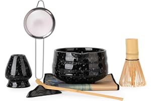 VONAHAST Japanese Matcha Whisk Set - 7-Piece Kit Bamboo Chasen, Ceramic Bowl with Spout, Stainless Steel Sifter & Holder Black