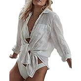 Bsubseach Women Long Sleeve Beach Shirt Blouses Bathing Suit Cover Up Button Down Collar