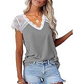 KINLONSAIR Women's Crochet Lace Basic V-Neck T-Shirts Short Sleeve Loose Fitting Tunic Tank Tops