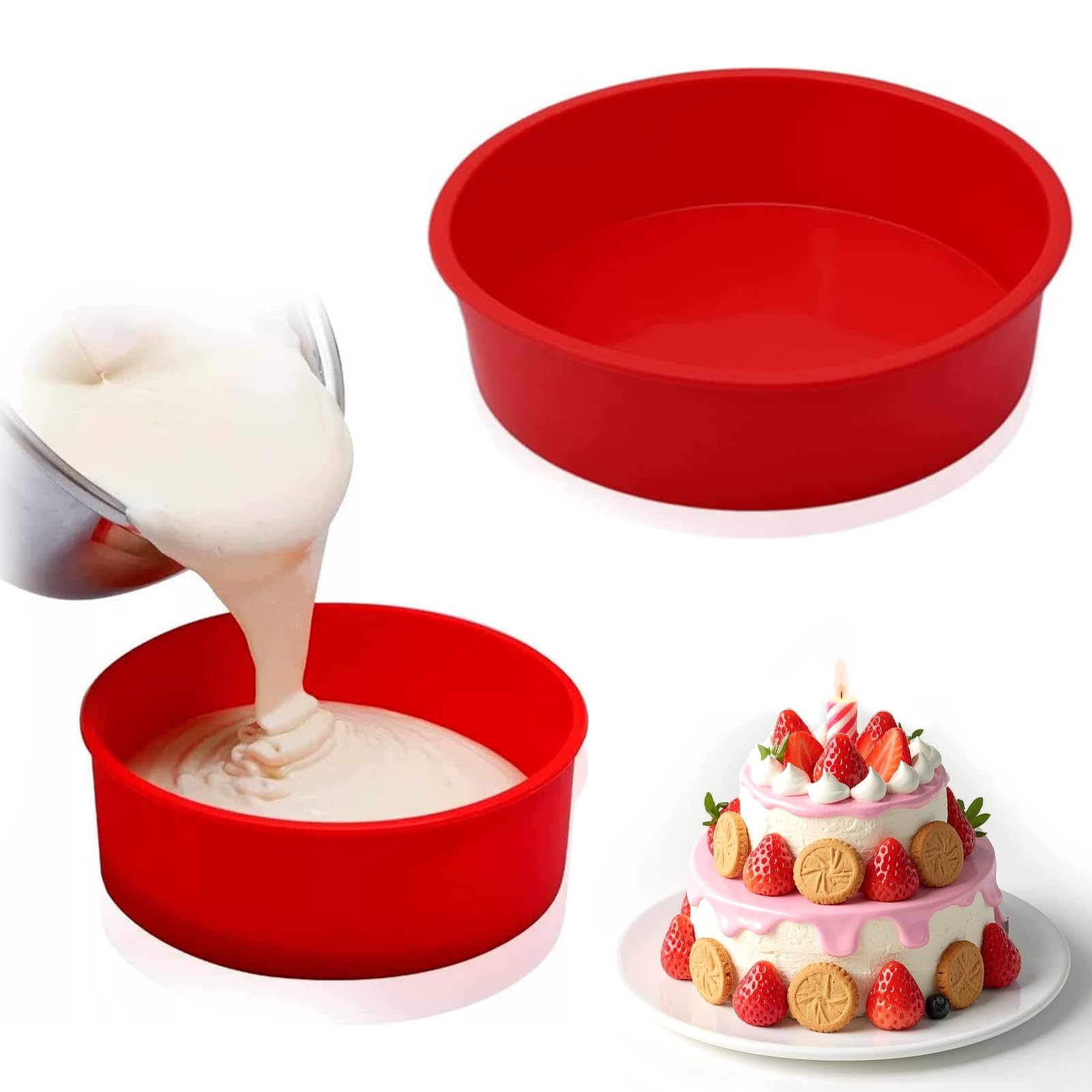 hjwanyin 2Pcs Cake Tins for Baking, Silicone Cake Moulds Round Baking Pan Non-Stick Quick Release Suitable Baking Tray for Muffins Puddings Bread(6 inch +8 inch)
