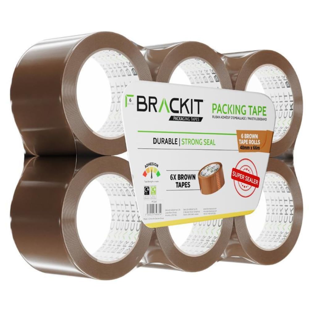 brackit  Packing  Tape  Brown 48mm x 66m, Bulk Pack of 6 Rolls – Strong Heavy Duty Packing Tape for Regular Use or Moving – Easily Seals Your Parcels and Boxes