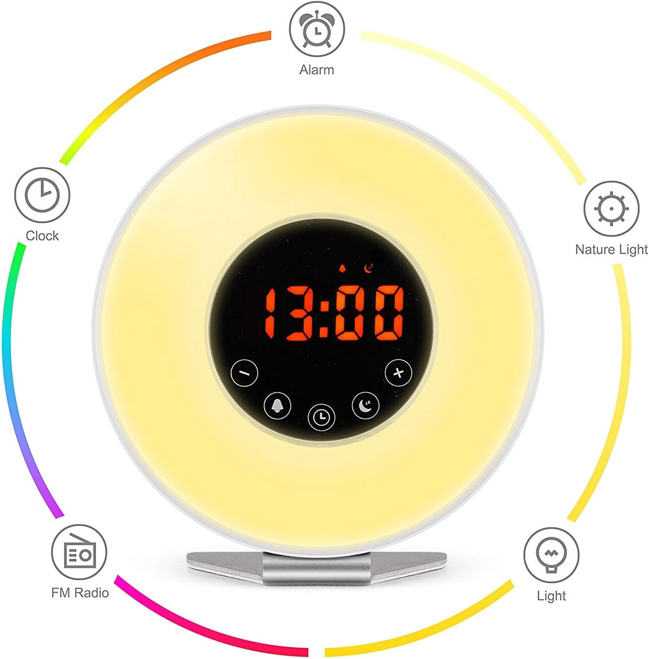 Wake Up Light Alarm Clock, Digital Alarm Clock with Colored Sunrise Simulation, 7 Colors, 6 Nature Sounds, FM Radio, Touch Control for Heavy Sleepers