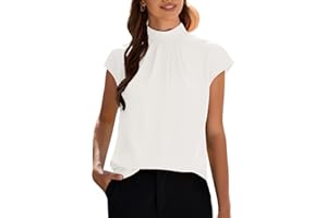 Funlingo Womens Summer Tops Mock Neck Short Cap Sleeve Blouses Business Casual Work Chiffon Shirts Front Pleated Tunic Top