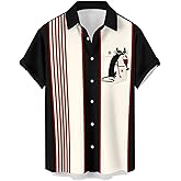 QIVICIMA Men's Retro Bowling Shirts 50s Vintage Button Down Color Block Active Shirts Flamingo Print