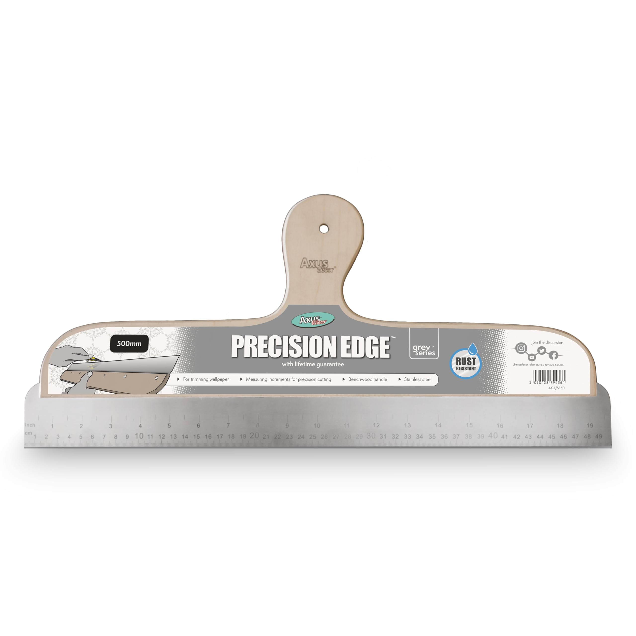 Axus Decor Precision Edge 500mm (Grey Series) - Multipurpose Tool With Measuring Increment & Cutting Blade - Wallpaper Cutting Tool With Stainless Steel Blade & Beechwood Handle, Grey