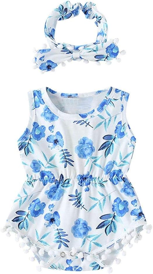 NEWLUK Newborn Girls Boys Vest Bodysuit丨Infant Romper丨 for 0-24 Months Sleeveless Tassel Floral Print+ Hair Band Jumpsuit
