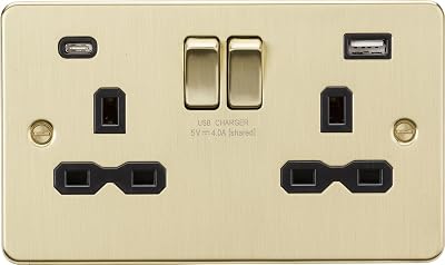 Knightsbridge 13A 2G Switched Socket Dual USB A C Brushed Brass Black Insert