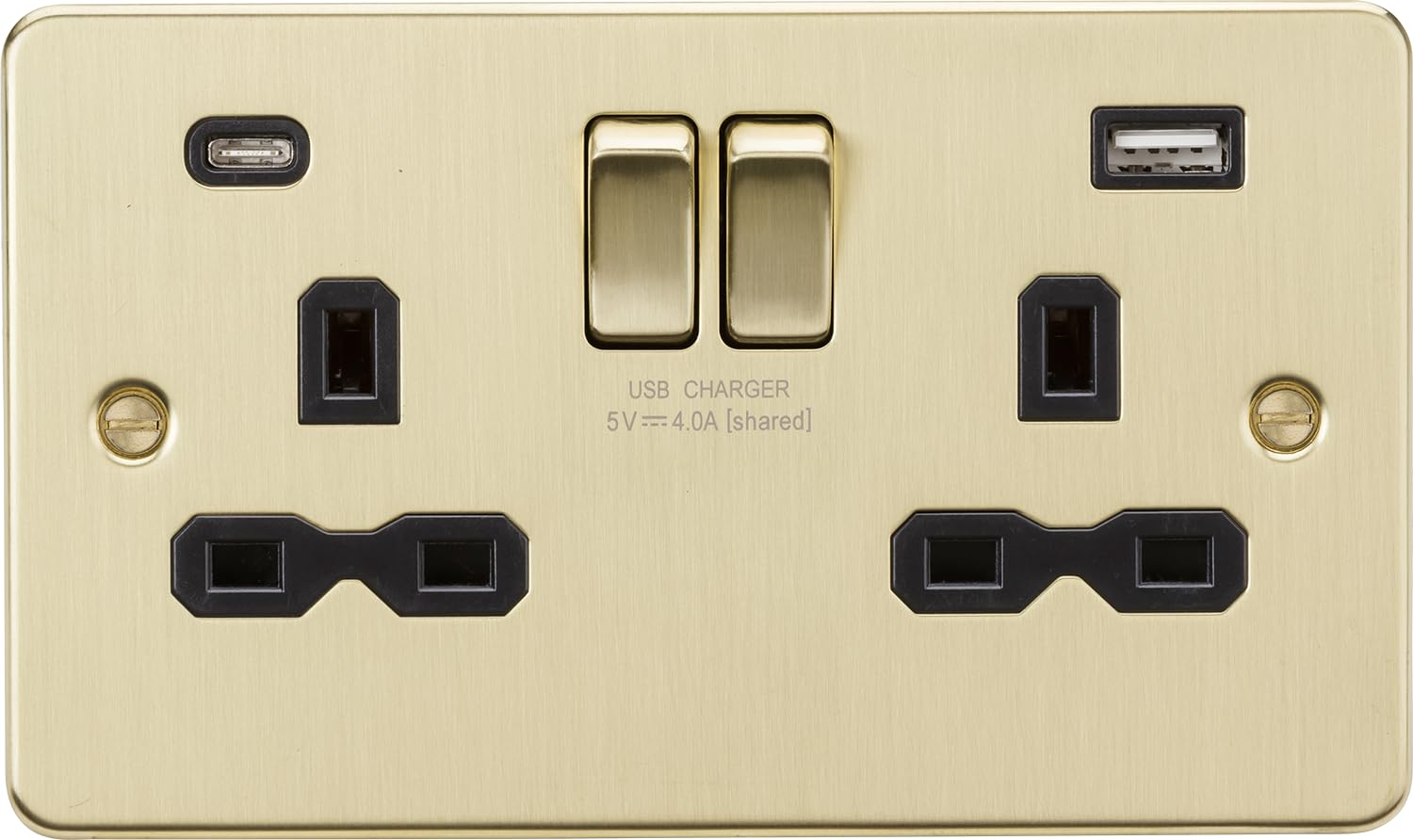 13A 2G SP Switched Socket with Dual USB A+C (5V DC 4.0A shared) - Brushed Brass with black Insert