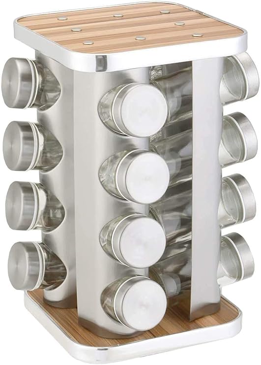 LAVNIK Wooden Square Revolving Spice Rack Seasoning Organizer Stainless