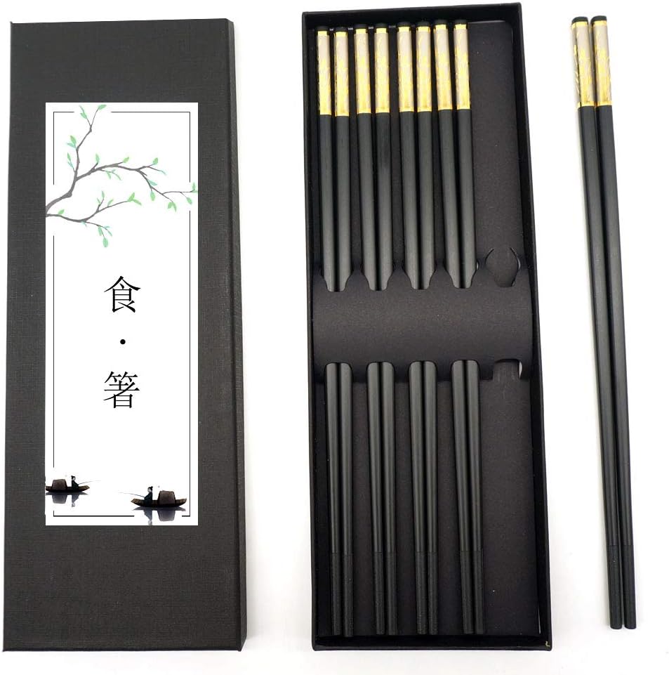Reusable Chopsticks Dishwasher Safe Fiberglass Anti-slip Luxury Chinese Golden Clivia Style Chopsticks Set 5 Pairs with Gift Case