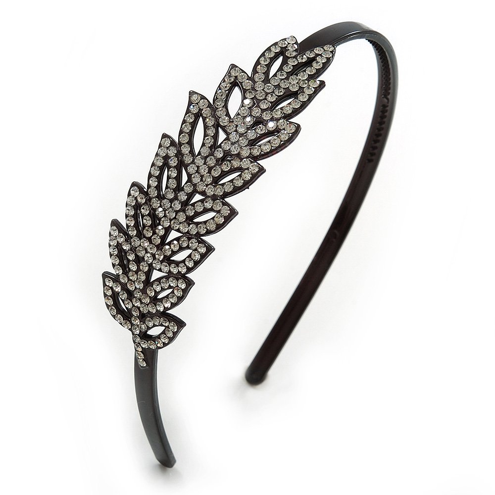 Black Acrylic Alice/Hair Band/HeadBand With Clear Crystal Leaf Motif