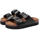 Lryweisy Women's Arch Support Suede Cork Sandals | Double Buckle Suede, Water Repellent Flatform Slides, Comfortable Beach Shoes