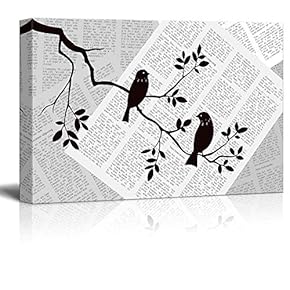 Canvas Wll Art - Brids and Abstract Tree Branches on Vintage Newspaper Background - Giclee Print and Stretched Ready to Hang - 12"x18"