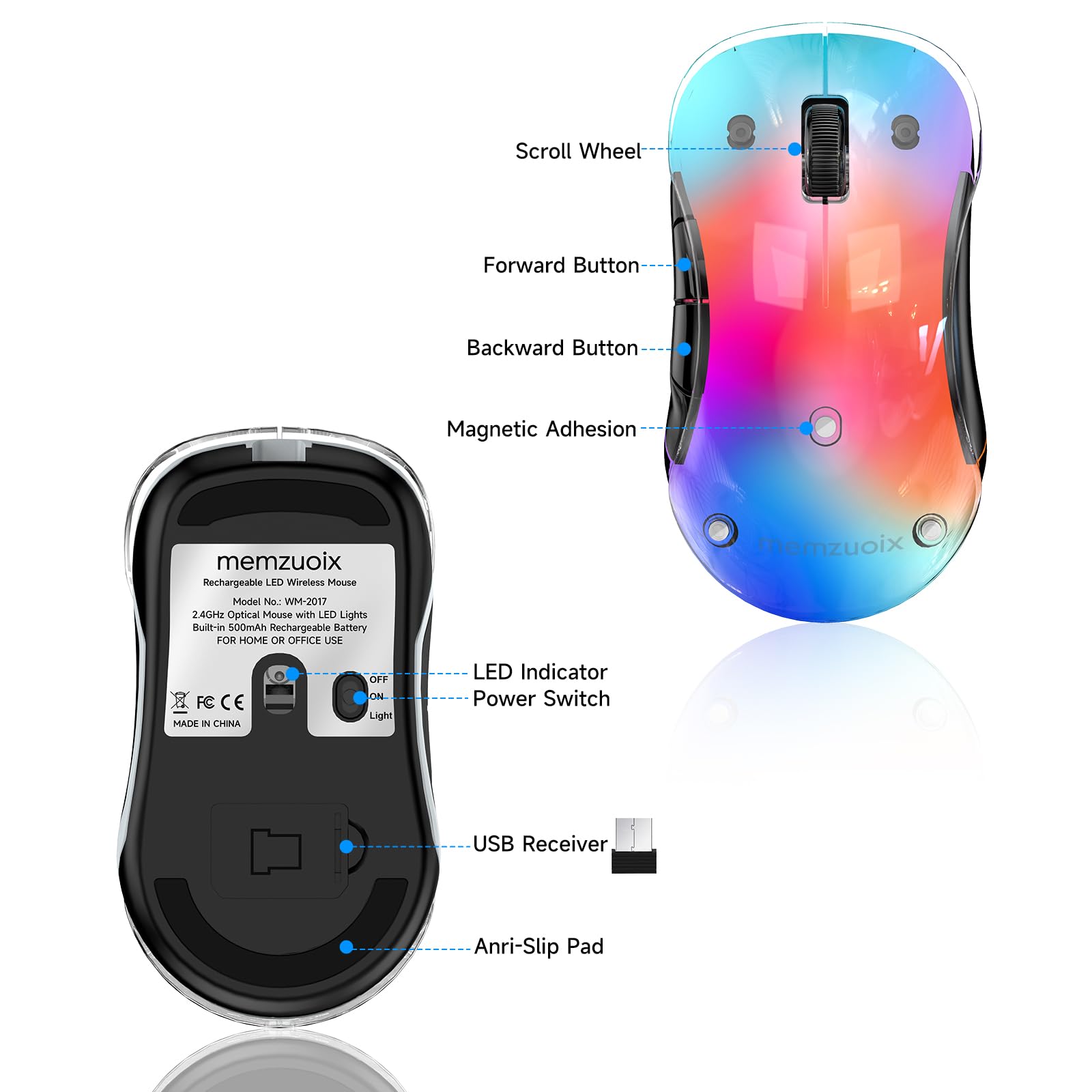 memzuoix 2.4G LED Wireless Mouse, Rechargeable Ergonomic Mouse with Detachable Cover, 1200 DPI Portable Optical Computer Mouse with USB Receiver for Laptop, PC, Desktop and MacBook, 5 Buttons