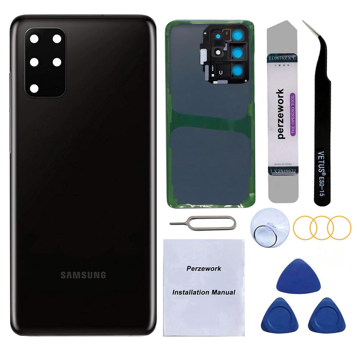 Perzework Rear Back Glass Replacement for Samsung Galaxy S20 Plus 6.7 inches with Reparing Toolkit and Pre-Installed Adhesive (Cosmic Black)