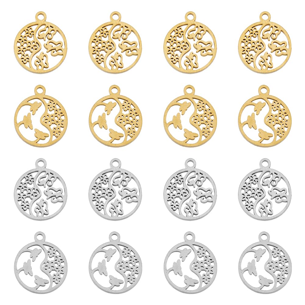 DICOSMETIC 16Pcs 2 Styles 2 Colors Flat Round with Butterfly Dragonfly Charms Flying Insect Charms Flower Butterfly Charms Hollow Animal Pendants Stainless Steel Charms for Jewelry Making