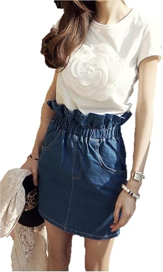 Amazon 夏ワンピ ツーピース スカートスーツ 半袖ｔシャツ ラウンドネック デニムスカート タイトスカート 花びらステッチ ウエストゴム ミニ丈 カジュアル クマのいぐるみ付き K4523 L ワンピース チュニック 通販